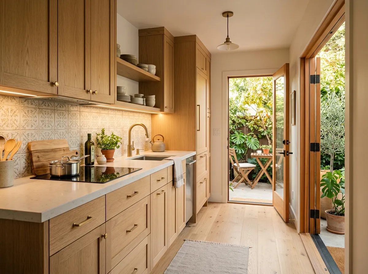 Compact galley kitchen in a California accessory dwelling unit with light wood cabinets and patio access