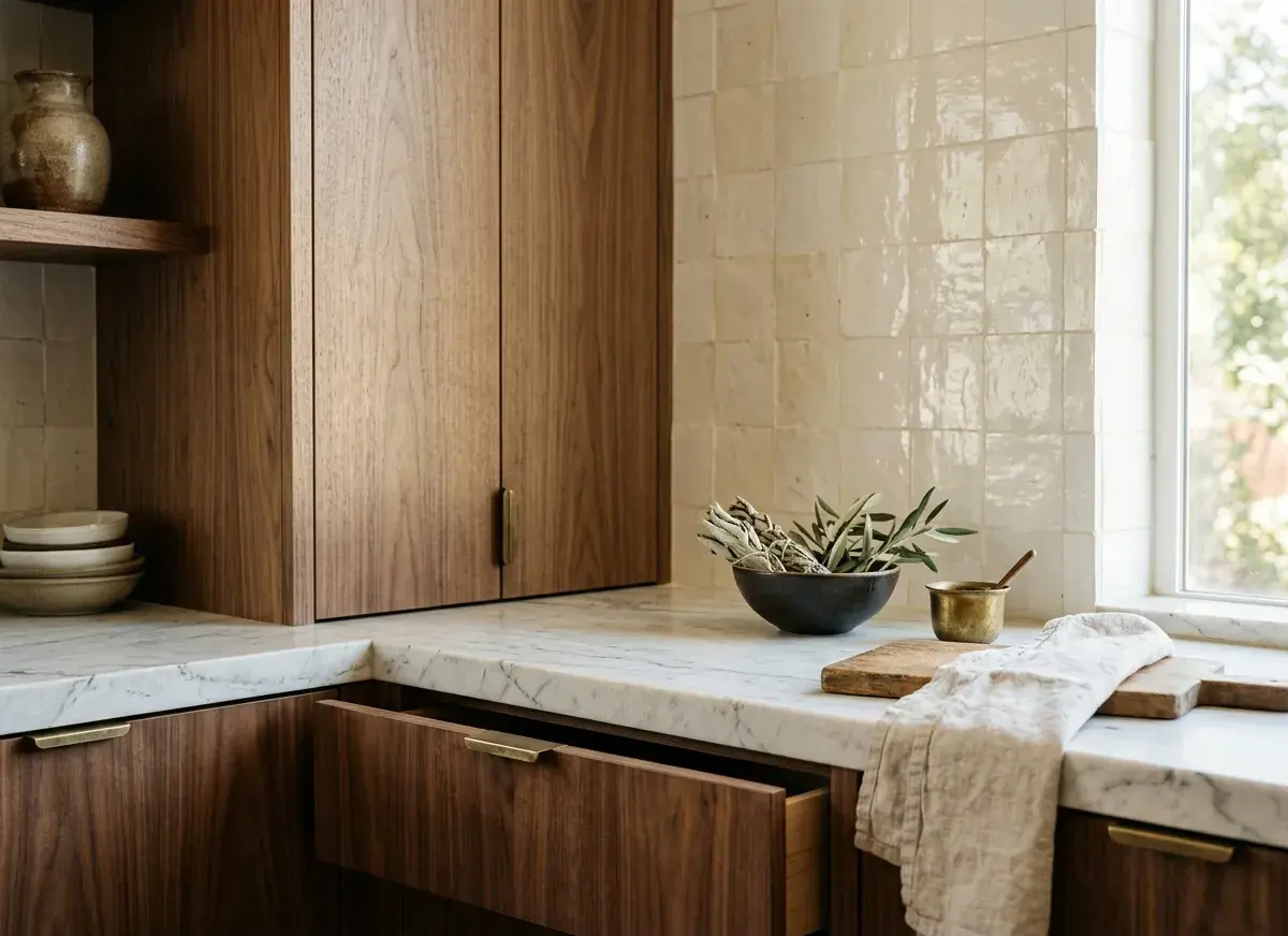 Natural wood cabinetry, pale stone countertop and handmade tile in a warm California kitchen