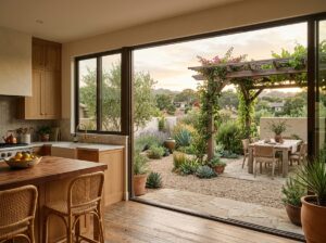 California kitchen facing a drought-tolerant courtyard