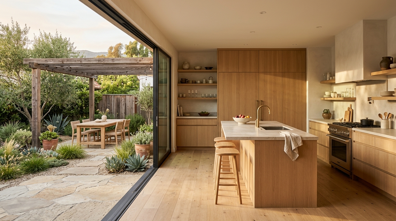 California kitchen opening to an outdoor courtyard