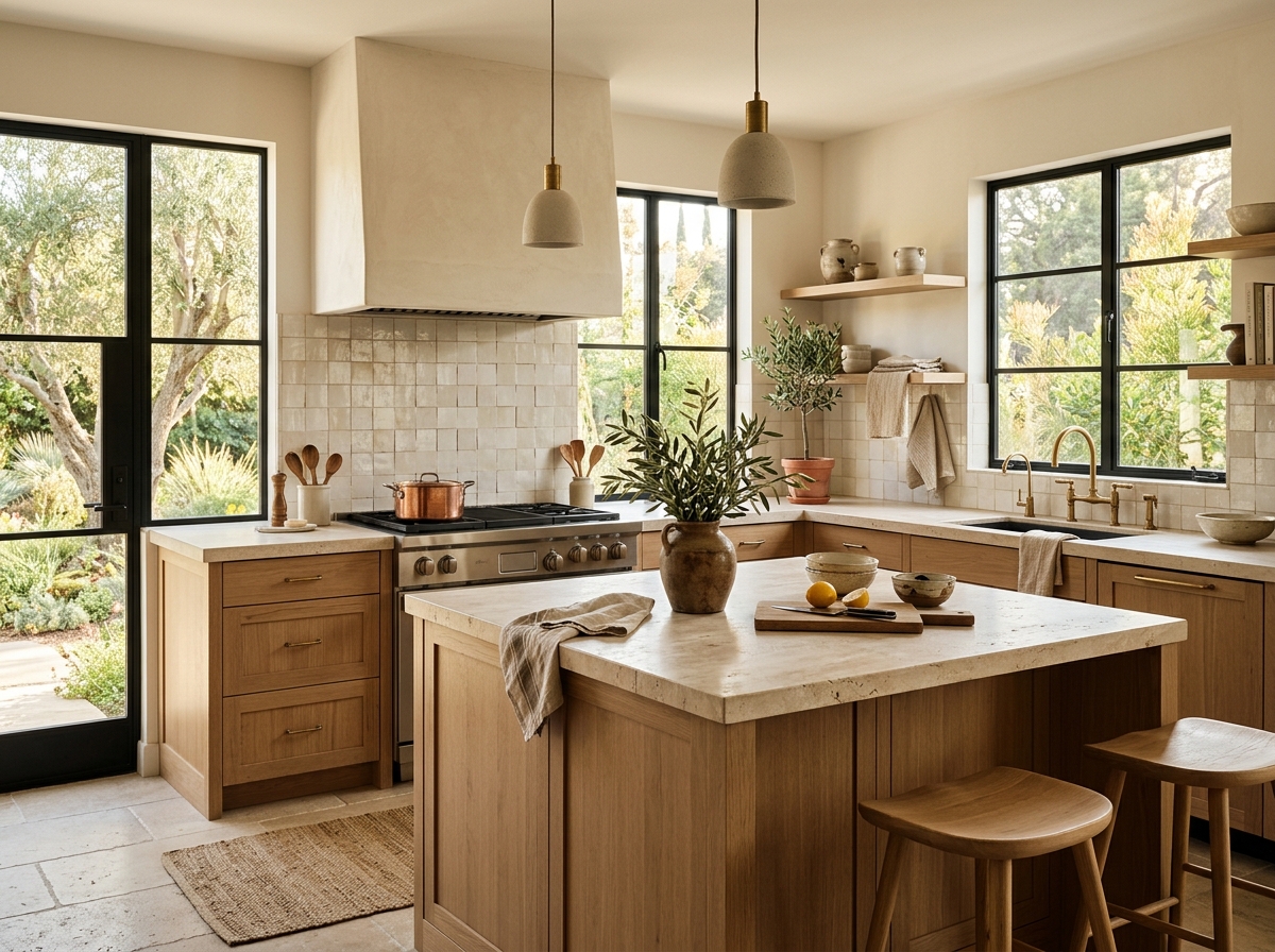 California kitchen with natural wood and stone
