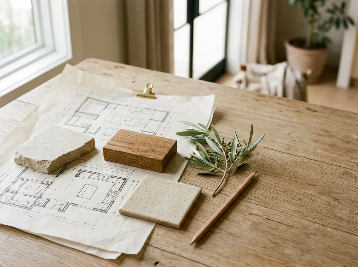 Kitchen design material samples and floor-plan sketches arranged on a sunlit worktable